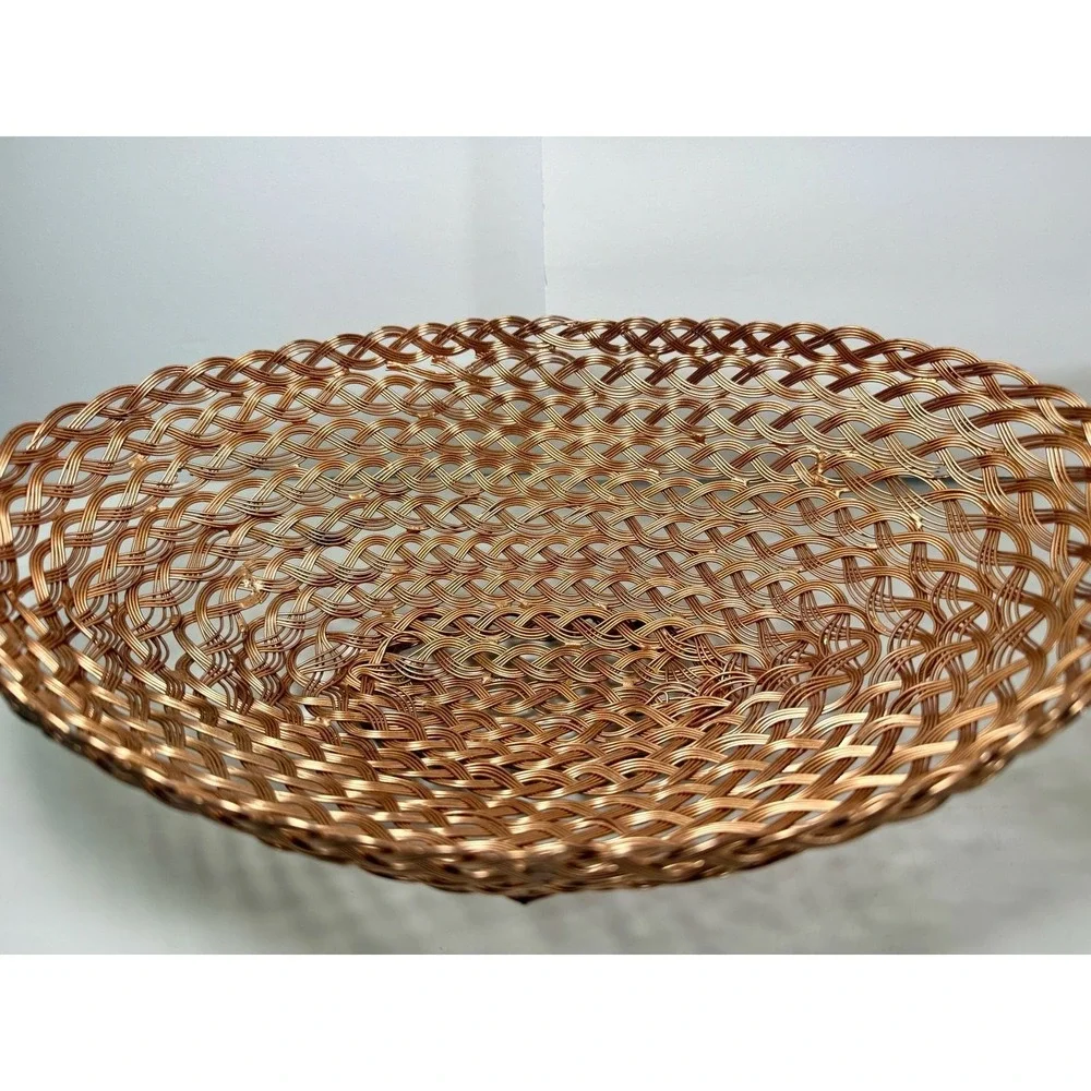 Vintage Woven Copper Wire Baskets Set of 2 Oval Footed Decorative Fruit Bowls